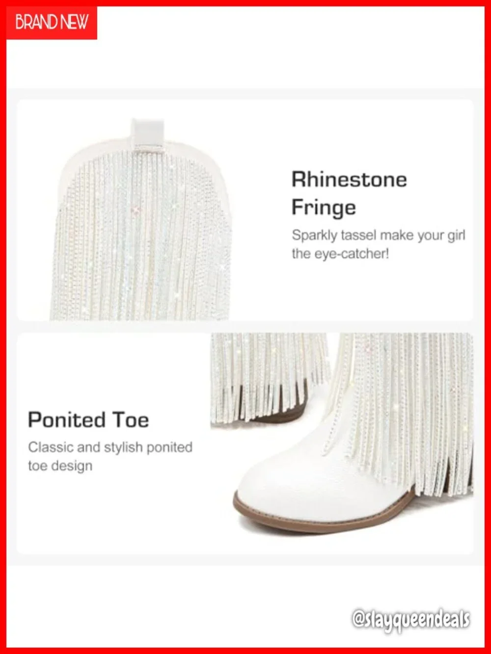 Girls Rhinestone Fringe Cowboy Boots Pointed Toe Pull On Western Boot